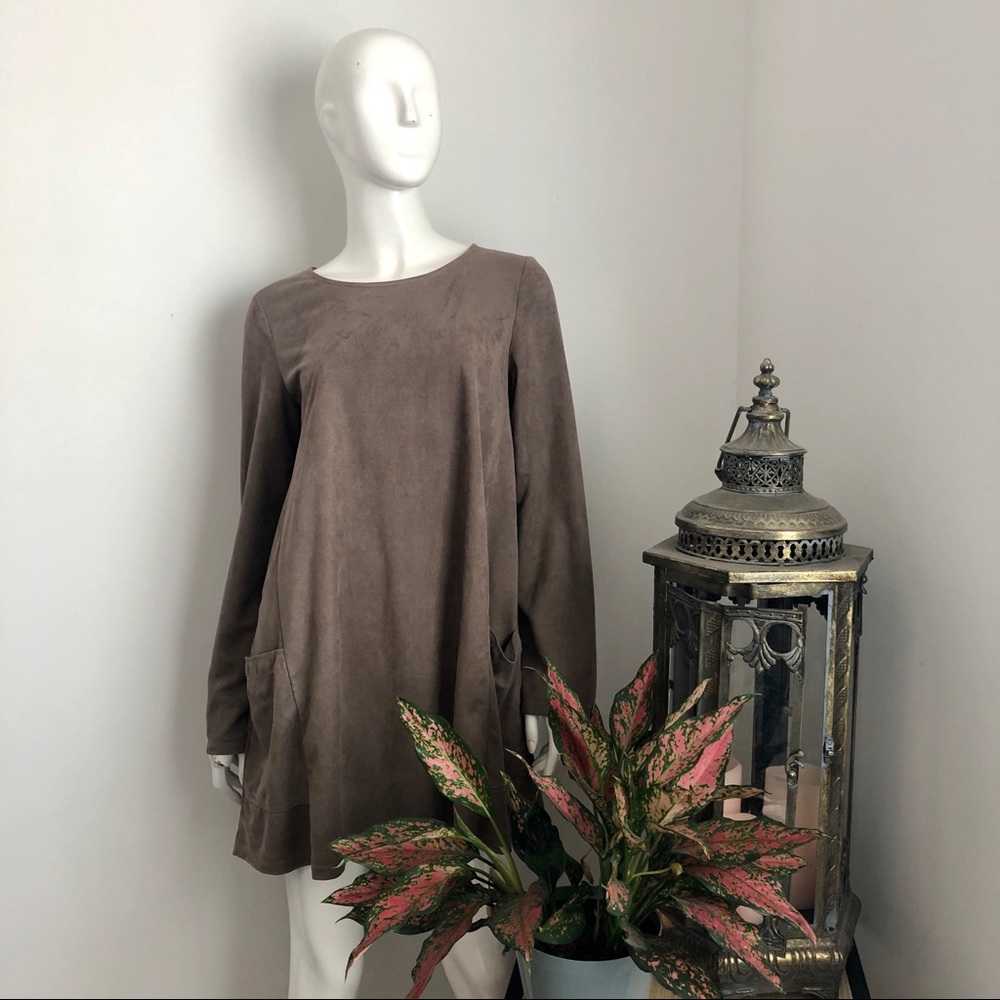 Faux Suede Mini Dress with Pockets & Long Sleeves